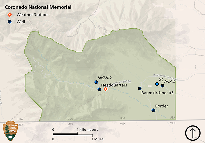Map of Coronado National Memorial showing one weather station and two groundwater wells near headquarters and four groundwater wells on the southeastern part of the park.