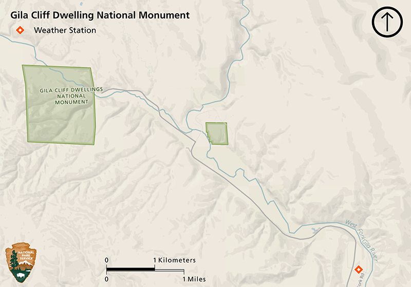 Map of Gila Cliff Dwellings National Monument showing a weather station several miles southeast of the park.