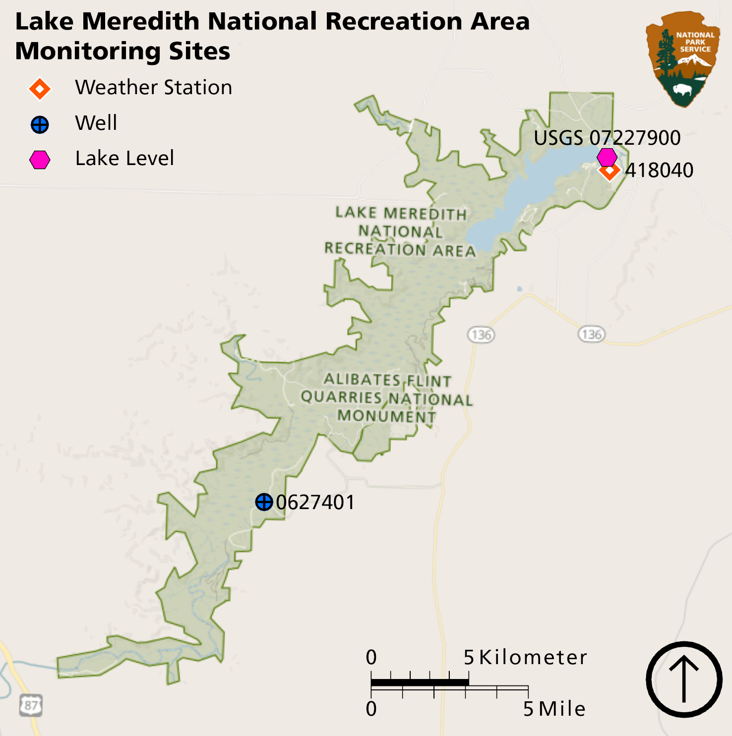 Map of Lake Meredith National Recreation Area showing weather station on the north end of the park by the lake, lake level gage near the weather station, and groundwater monitoring well on the south end of the park, about 10 mi away from the lake.