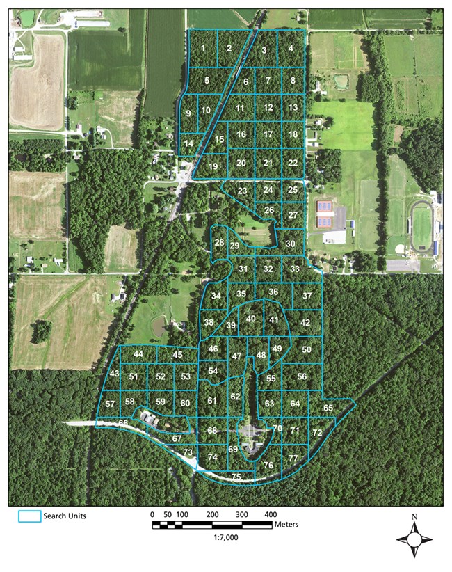 A grid of 77 numbered search areas on a map of Lincoln Boyhood National Memorial