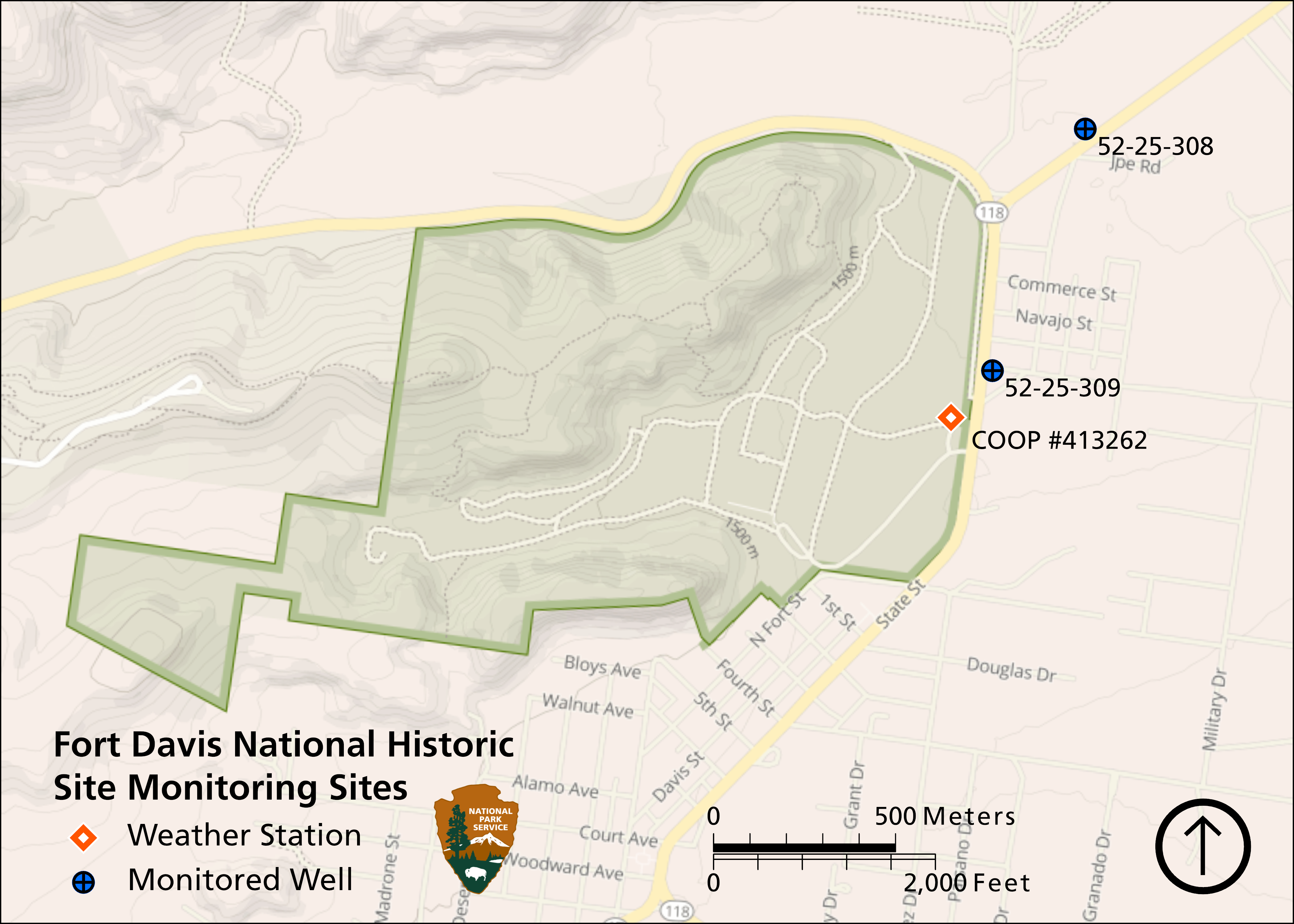 Map of Fort Davis National Historic Site showing location of weather station inside the eastern edge of the park boundary and groundwater monitoring wells east and northeast of the park boundary.