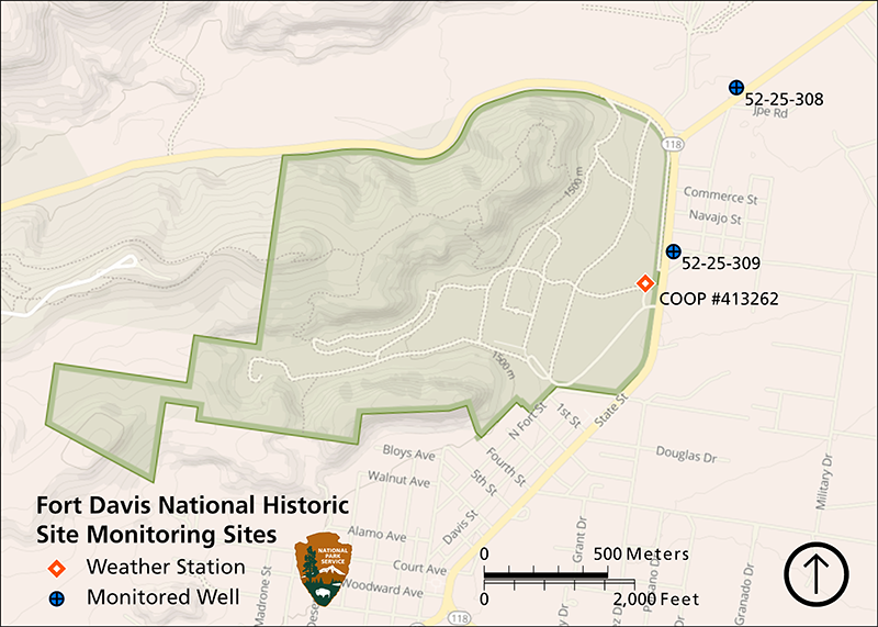 Map of the park showing the weather station on the far eastern edge of the park and two groundwater wells, one just outside the park’s eastern boundary near the weather station and the other not far outside the park’s northeast boundary along a roadway.