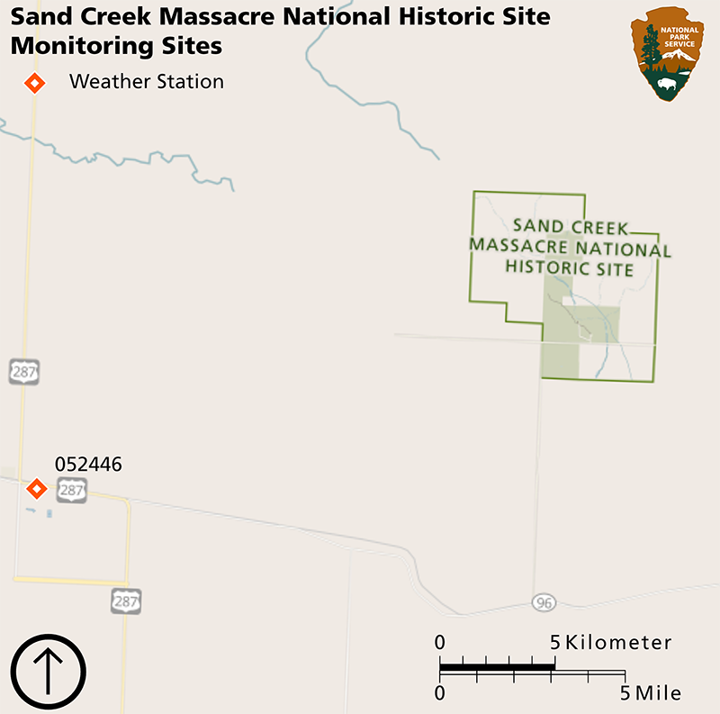 Map of Sand Creek Massacre National Historic Site showing weather station 15.5 mi southwest of the park boundary.