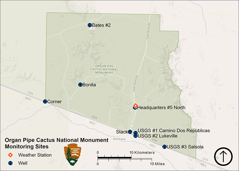 Map of Organ Pipe Cactus National Monument showing one weather station at headquarters and 8 groundwater monitoring wells. Five are close to the US-Mexico border, while three are farther north.