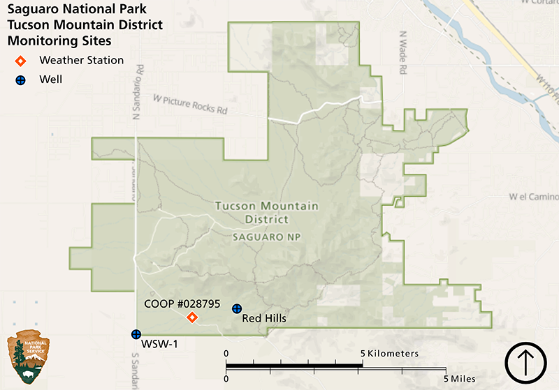 Map of the Tucson Mountain District of Saguaro National Park showing a weather station and two groundwater monitoring wells in the southwest part of the park.