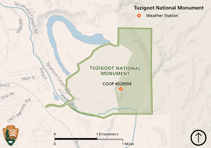 Map of Tuzigoot National Monument, a very small park along the Verde River showing the monitored weather station close to the center of the park.