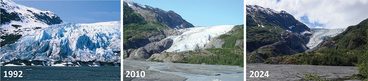 A three-part figure showing photos of Exit Glacier from 1992 to 2010 to 2024.