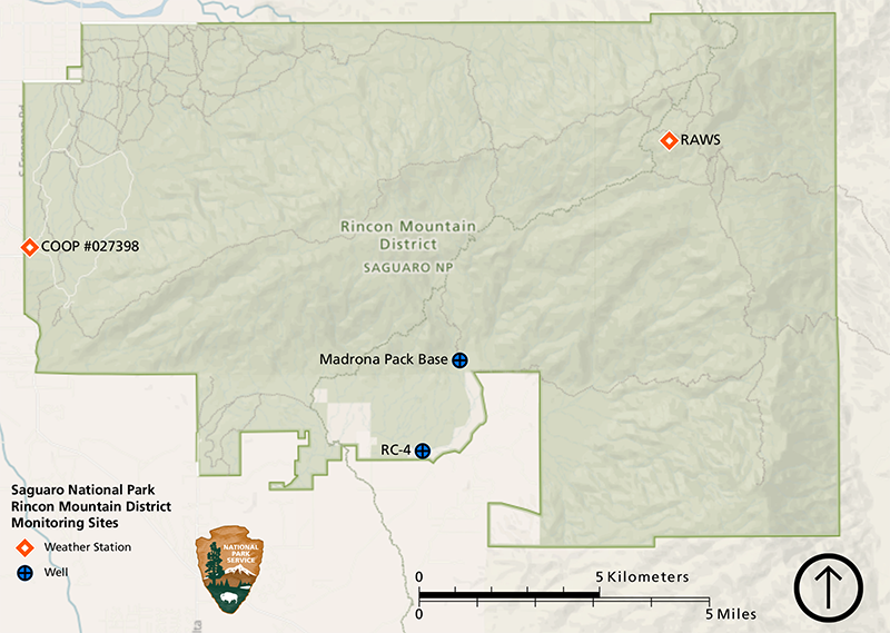 Map of Rincon Mountain District of Saguaro National Park Map showing two weather stations, one near the visitor center at low elevation in the west and one at high elevation in the east, and two groundwater monitoring wells on the southern park boundary.