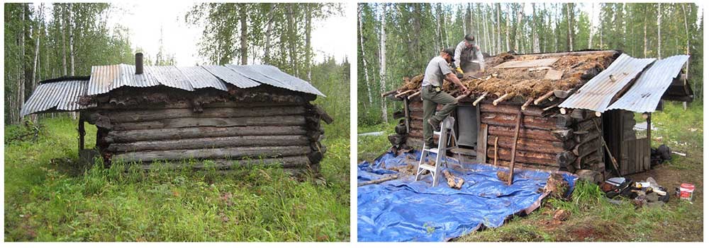 Side-by-side images of a historic log cabin.