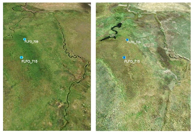 Side by side images showing an incised stream channel before restoration and the channel filled in after restoration.