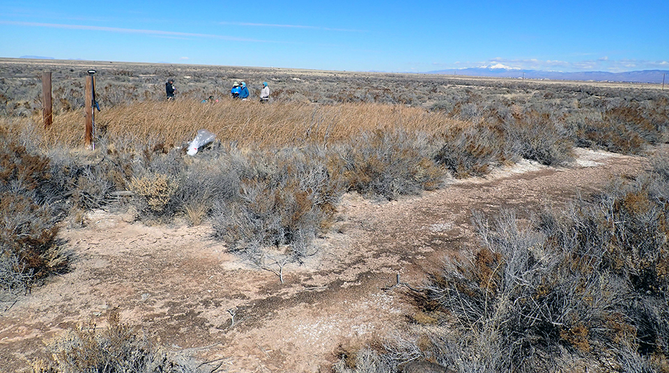 A flat, open landscape with dense, brown vegetation in the center bare ground in the foreground, and mountains in the background.