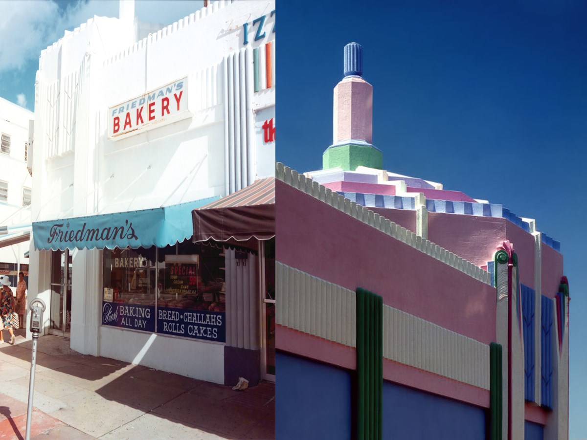 Building repainted from white to blue, and pink with green, white, and pastel green trim.