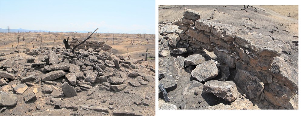 Burned masonry pueblo site showing fire effects, and a closeup of destabilized wall.