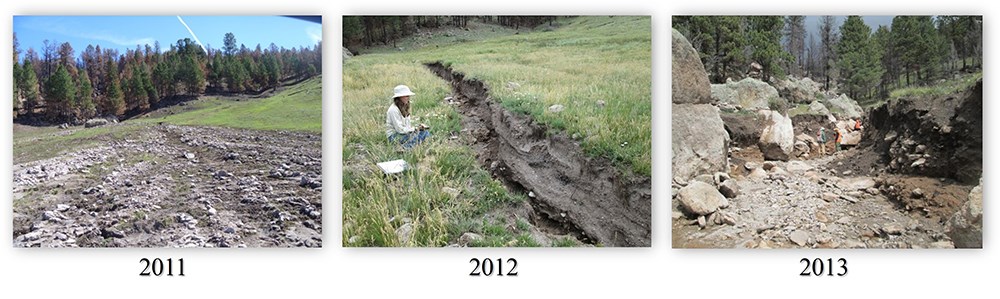 Three views of deep erosion trenches cutting through an archeological site over time.