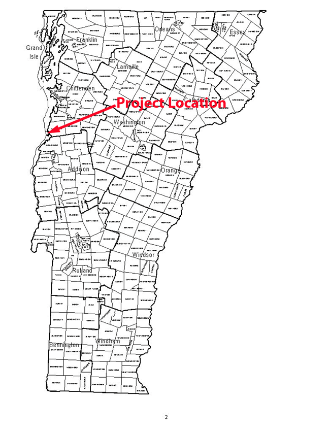 Figure 1: Map of Vermont counties with an arrow pointing to mid-western Vermont, pointing out the project location.