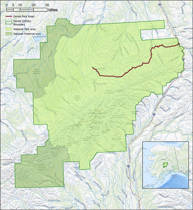 A map of Denali Park and the road.