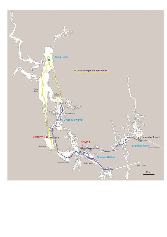 Map of Lehman caves with stars showing where data was taken