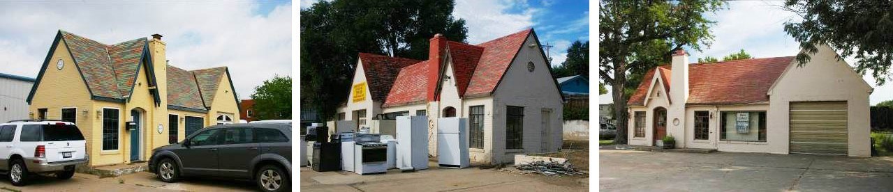 3 brick buildings with signs for a cabinet shop, recycling, and a mortuary storage.