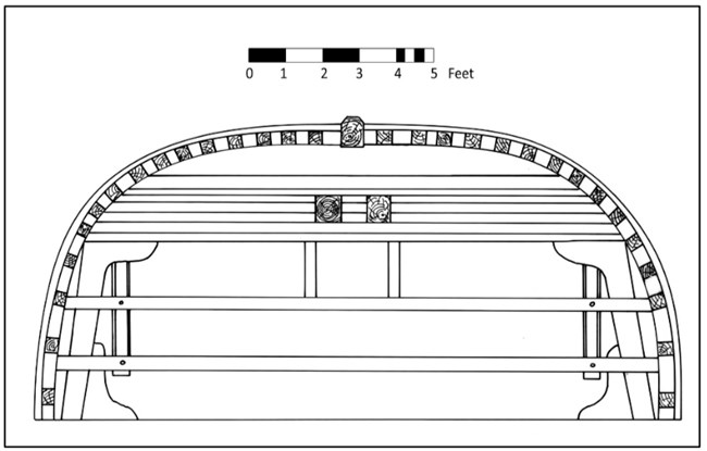 Illustration with scale in meters and feet of the bow structures directly below deck planking.