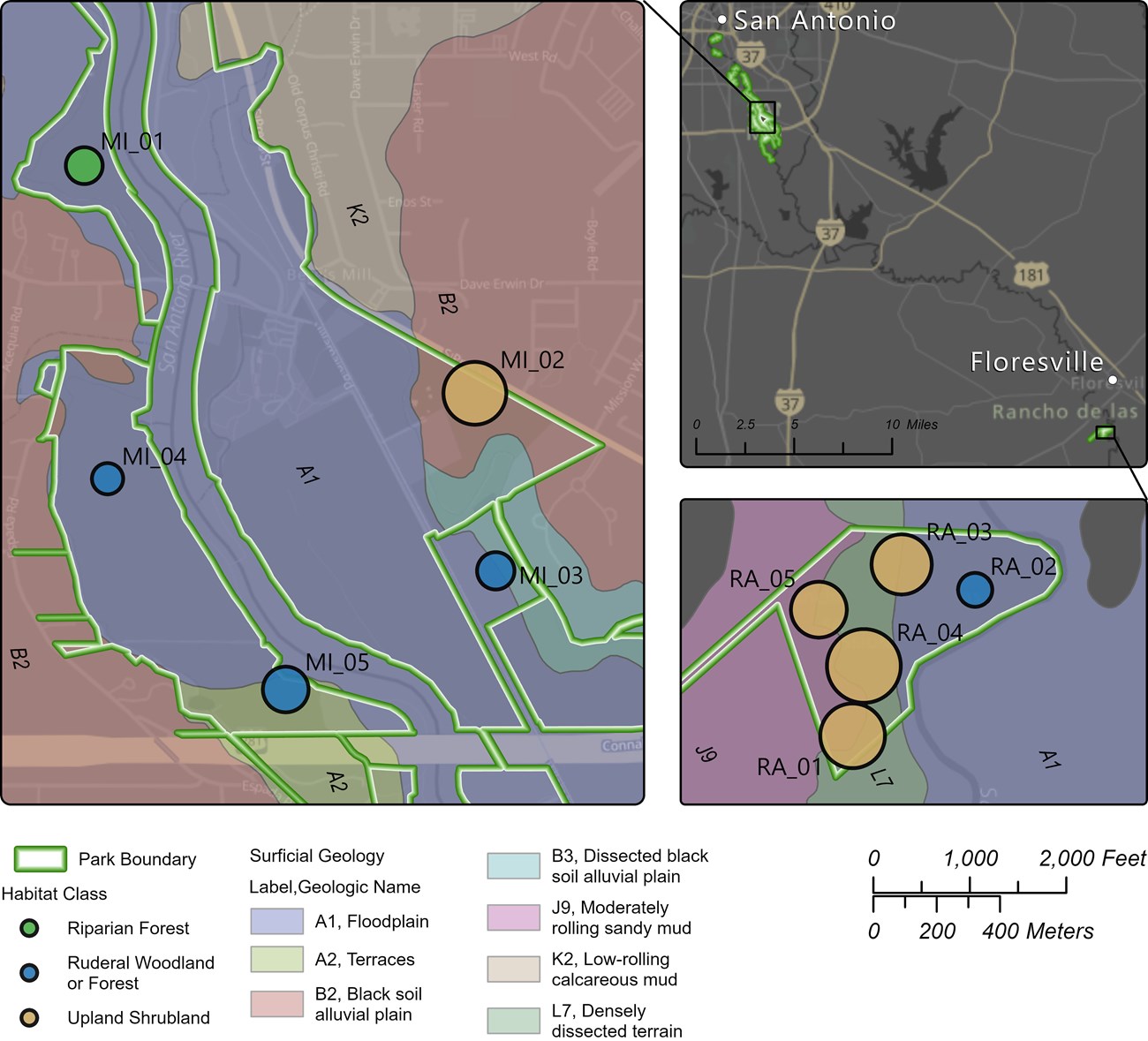 Maps of San Antonio Missions and the Rancho de las Cabras unit showing surface geology and vegetation monitoring plot locations symbolized by vegetation community type and scaled to species richness.