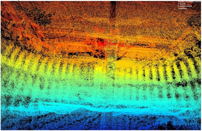 False color point cloud data showing structures directly below the deck planking.