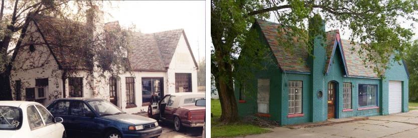 Two images same building white brick in first green in second.