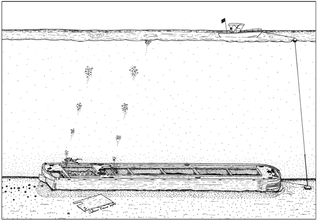 Figure 3: Perspective Drawing of the Sloop Island Canal Boat Site (VT‐CH‐843) from the side with a diver above the wreck and a diving boat on the surface. (Adam Kane, LCMM Collection).