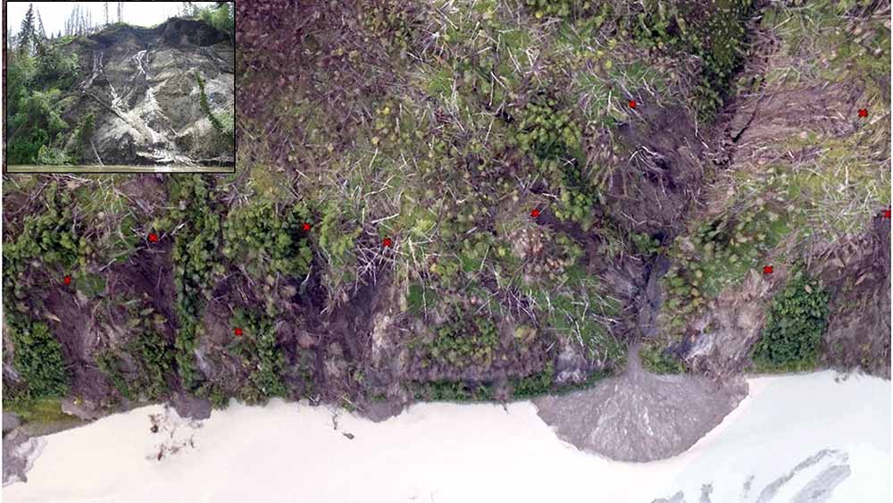 Aerial imagery of a burned area showing landslides.