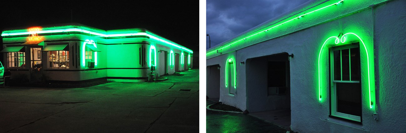 Two views of same one-story building with green neon trim.