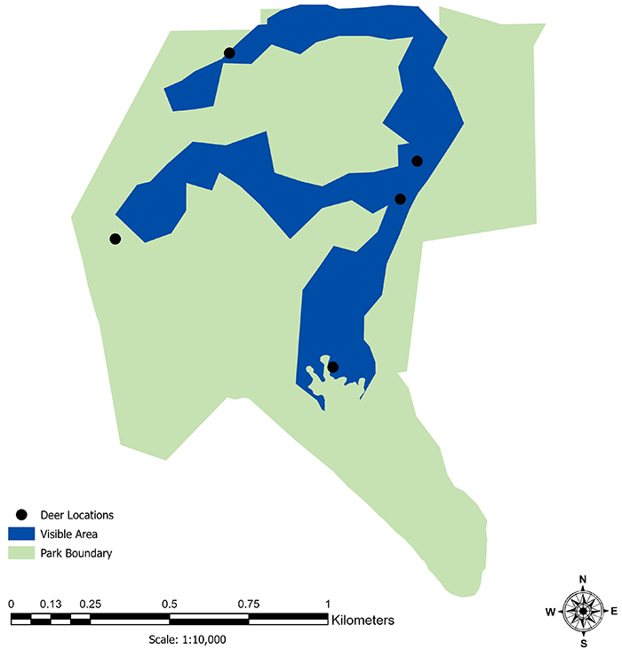 Map showing that deer were found at 5 locations scattered across the survey routes.