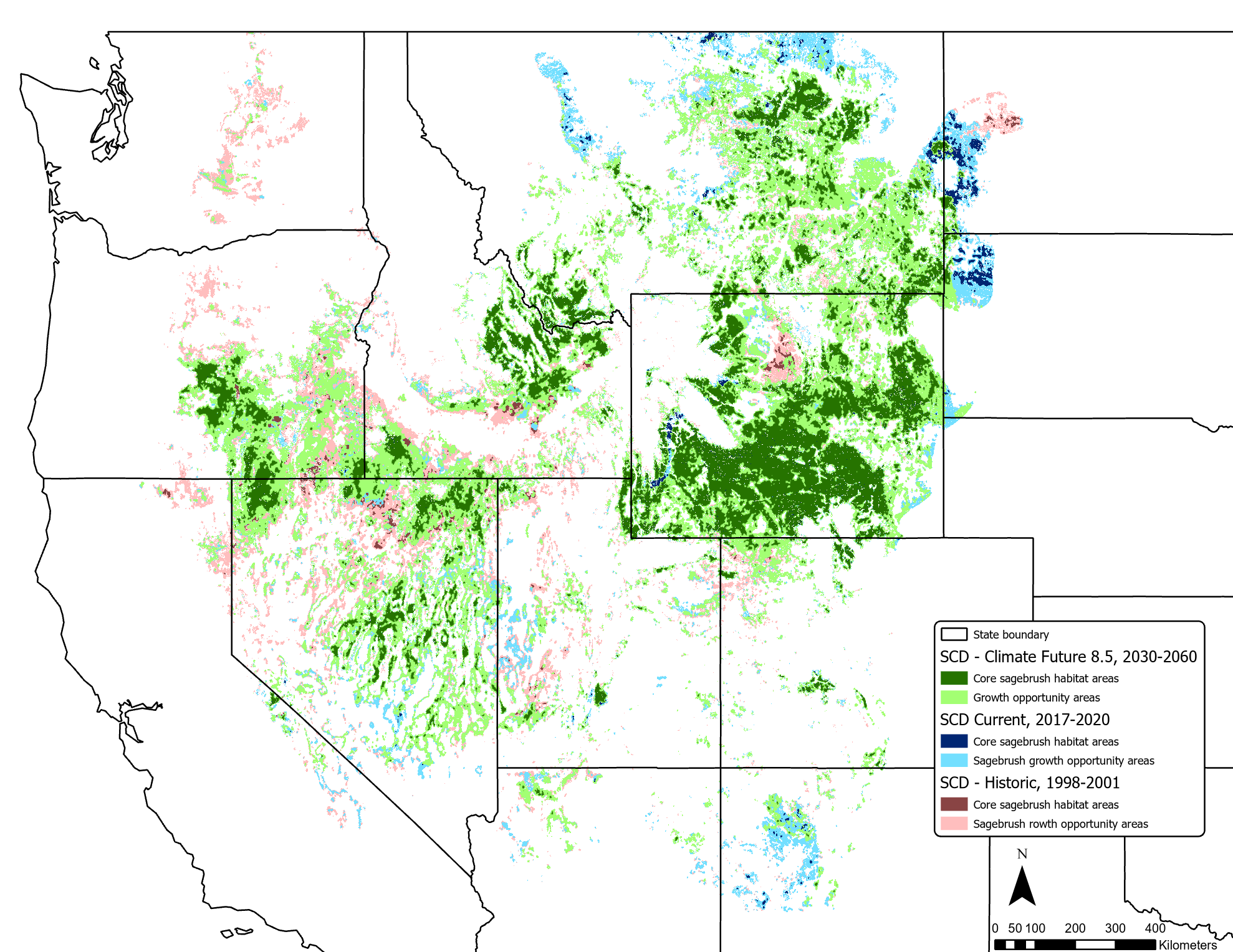 State borders in the West, with colored overlays of core sagebrush areas and growth opportunity areas at three different times: 1998-2001, 2017-2020, and projected 2030-2060. Wyoming has the most future core areas. Areas of lost sagebrush are throughout.