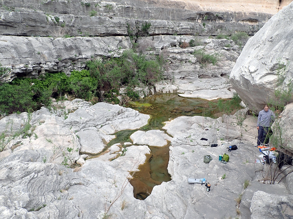 Figure 8. A hanging garden spring emerging from the side of a bedrock-lined drainage, forming pools at its base and contrasting with the white and grey limestone surroundings.