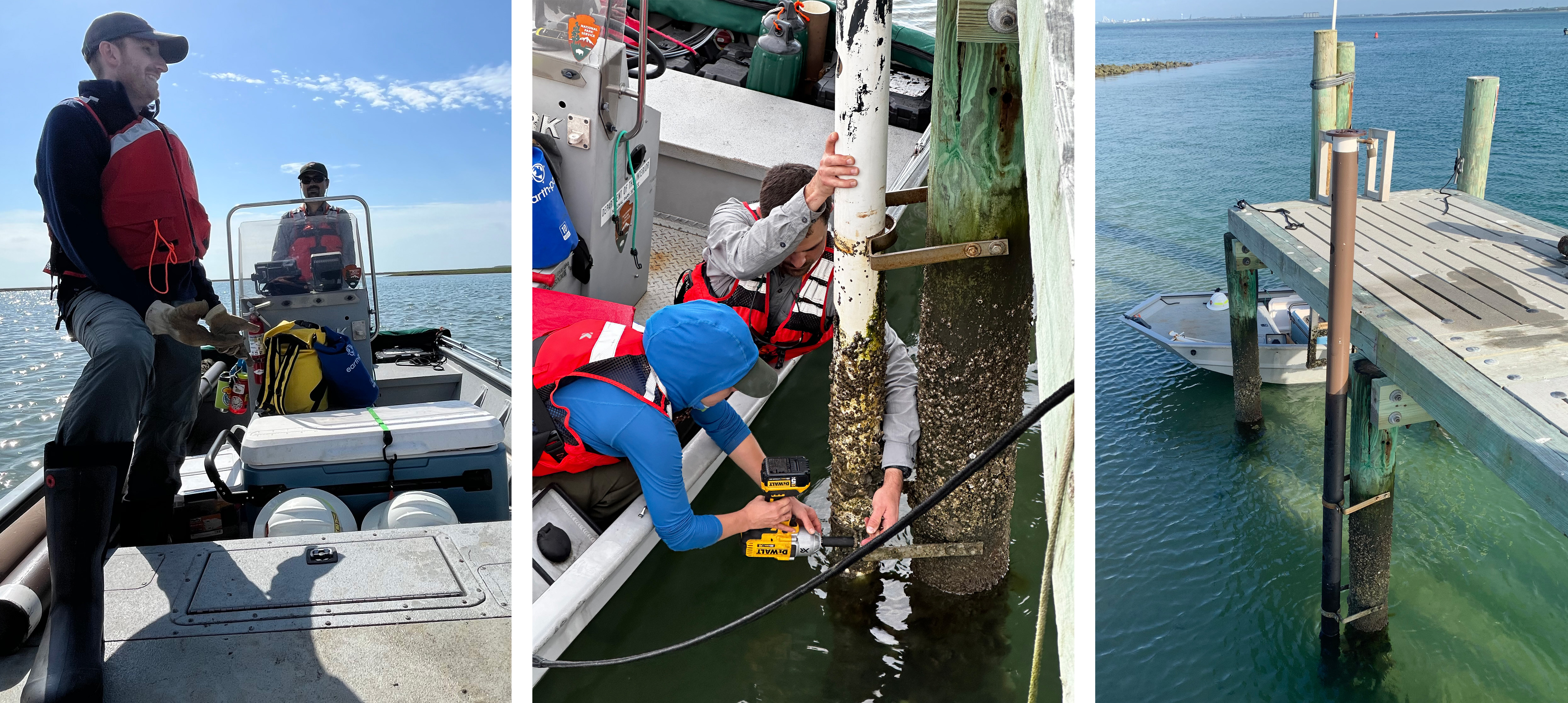 Man on a boat, another man driving, woman with a drill and a man holding a clamp in place, a pipe attached to a dock