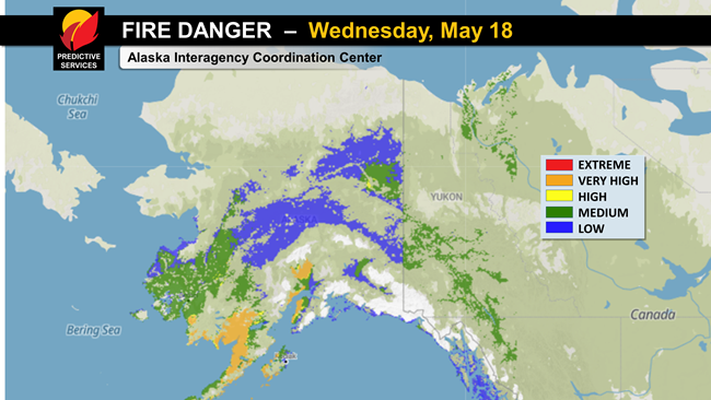 An example of the fire danger slide with a map of Alaska and different areas colored to correspond with fire danger levels of "Extreme, Very High, High, Medium, or Low"