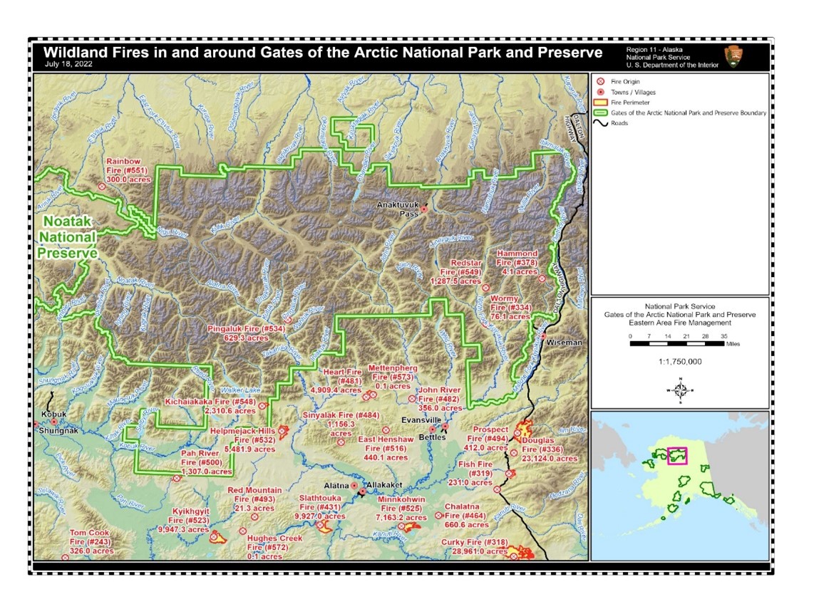 Wildland Fire map for Gates of the Arctic showing 4 relatively small fires inside the preserve and several larger fires to the south of it.
