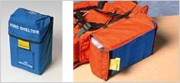 Side by side photos of a fire shelter in a blue case, and in an orange backpack pouch.