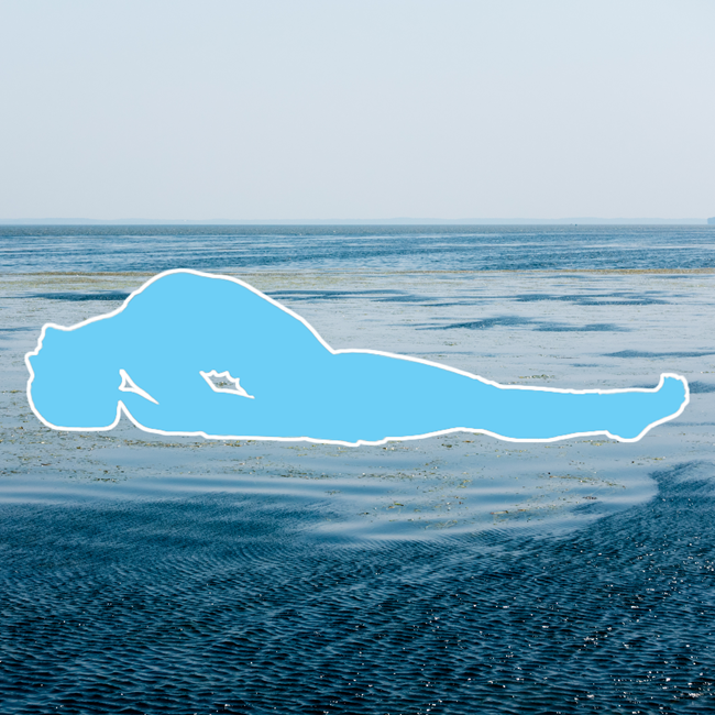 Outline of a woman in fish pose on a background of water.