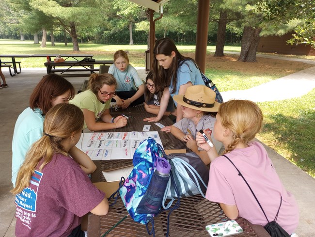 A group of young women sit around a picnic table and look at a white display board with different color words written on it.