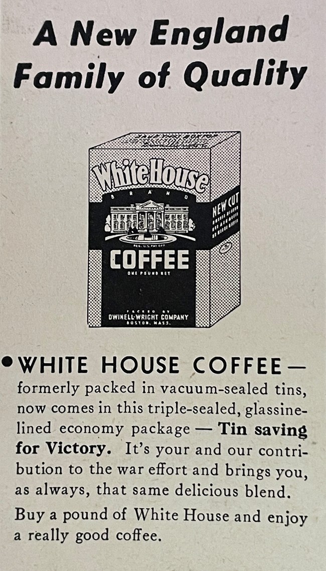 Black and white advertisement featuring a drawing of a White House Coffee package.