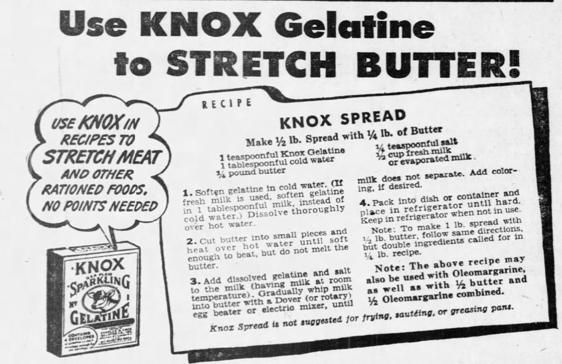 Recipe, combining 1 tsp. Knox Gelatine; 1 Tbsp. cold water; 1/4 lb butter or margarine; 1/4 tsp salt; 1/2 cup fresh or evaporated milk.