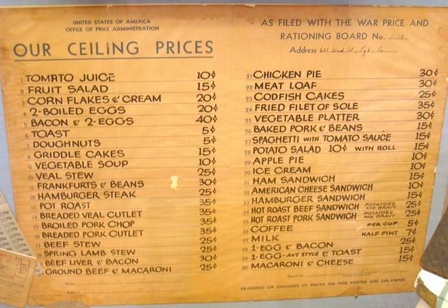 Black printing on off-white paper listing ceiling prices for 40 restaurant items. Prices range from 5 cents per cup of coffee, toast, or a doughnut to 40 cents for bacon and 2 eggs.