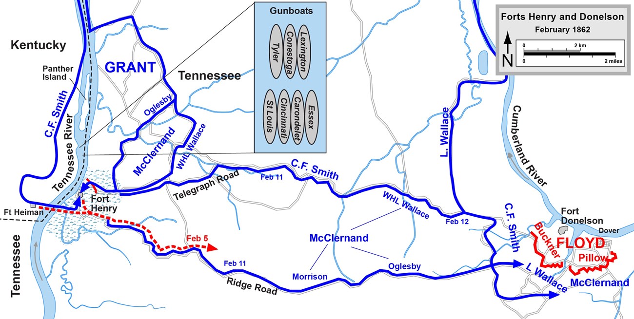 Map of Union and Confederate movements from Fort Henry to Fort Donelson. Fort Henry is located on the left and borders Kentucky and Tennessee. Blue and red lines extend towards Fort Donelson, located on the far right portion of the map.