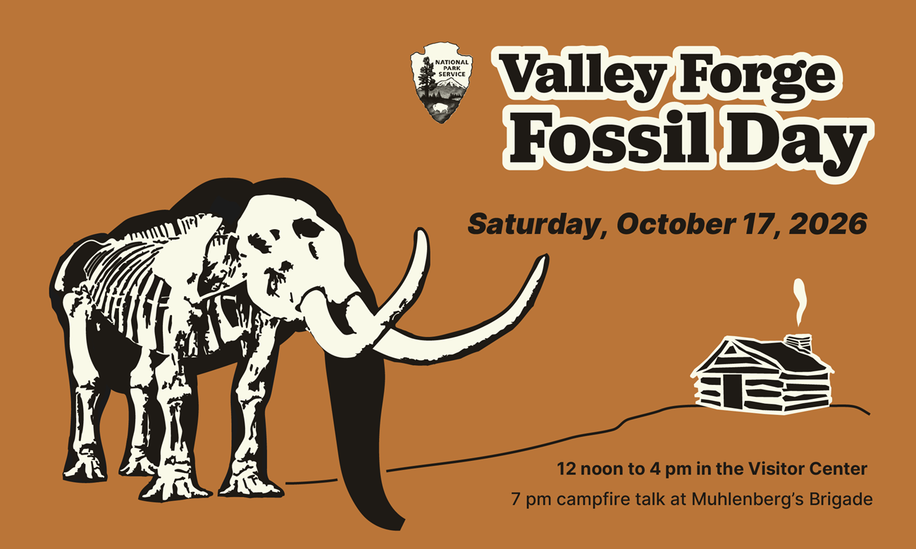 illustration of mastodon silhouette with skeleton and a log hut