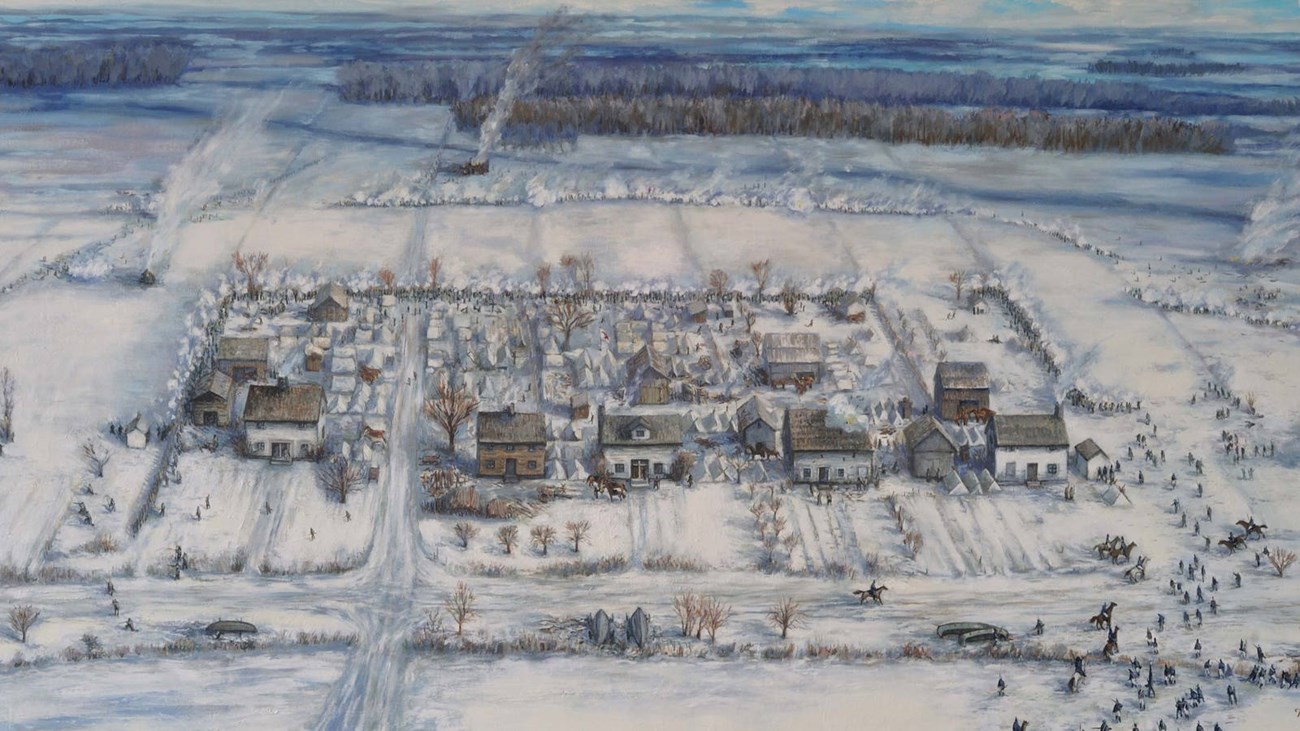 An illustration depicts dozens of white tents scattered among the settlement’s small wooden buildings and surrounded by snow-covered fields as troops on horses and on foot approach on two sides