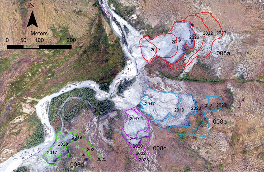 Enhanced aerial imagery showing lines depicting the movement of thaw slumps over time.