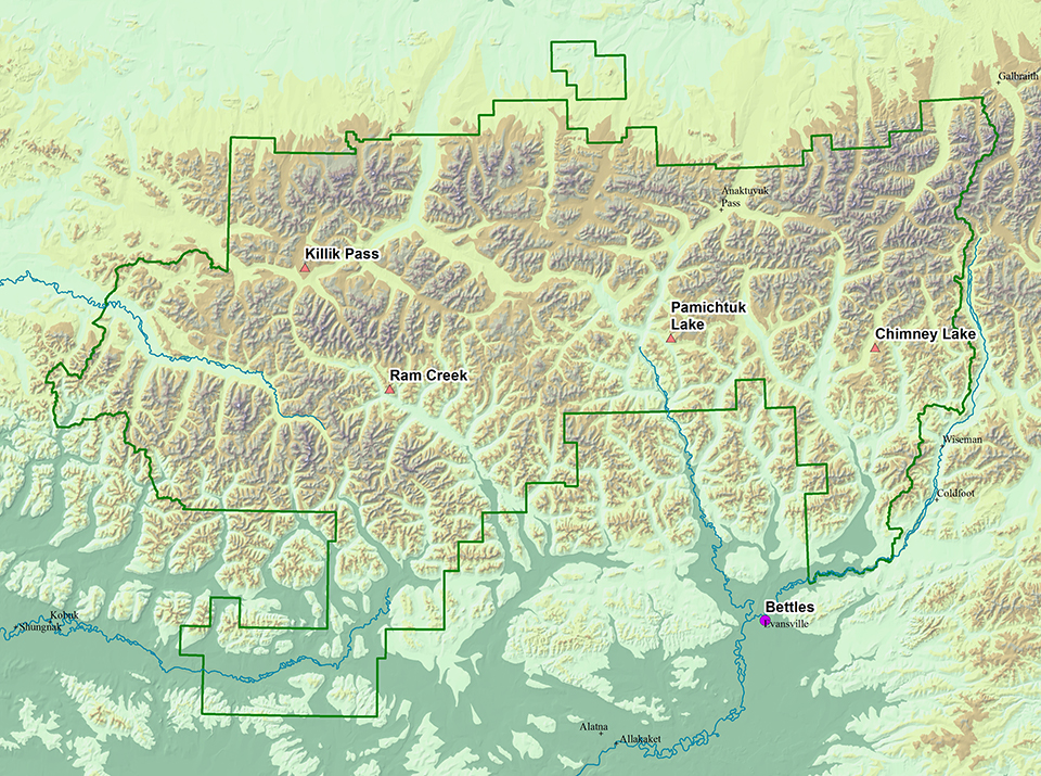 Map of climate stations across Gates of the Arctic NPP