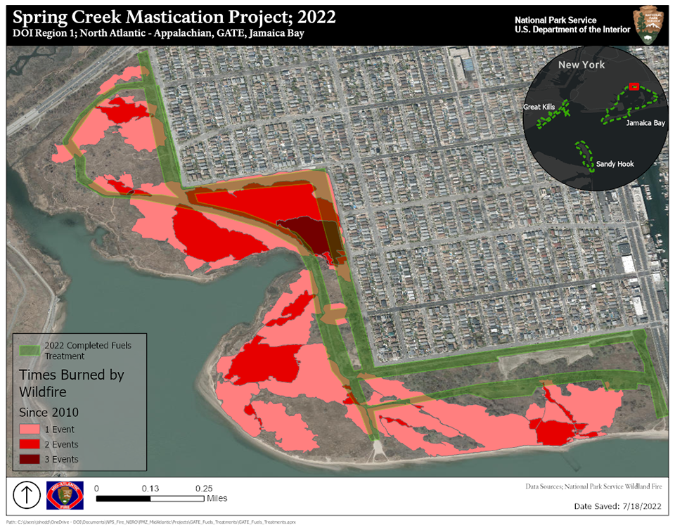 Map of Gateway National Recreation Area with nearby neighborhoods with overlay of number of wildfires since 2010 and area treated with mastication in 2022.