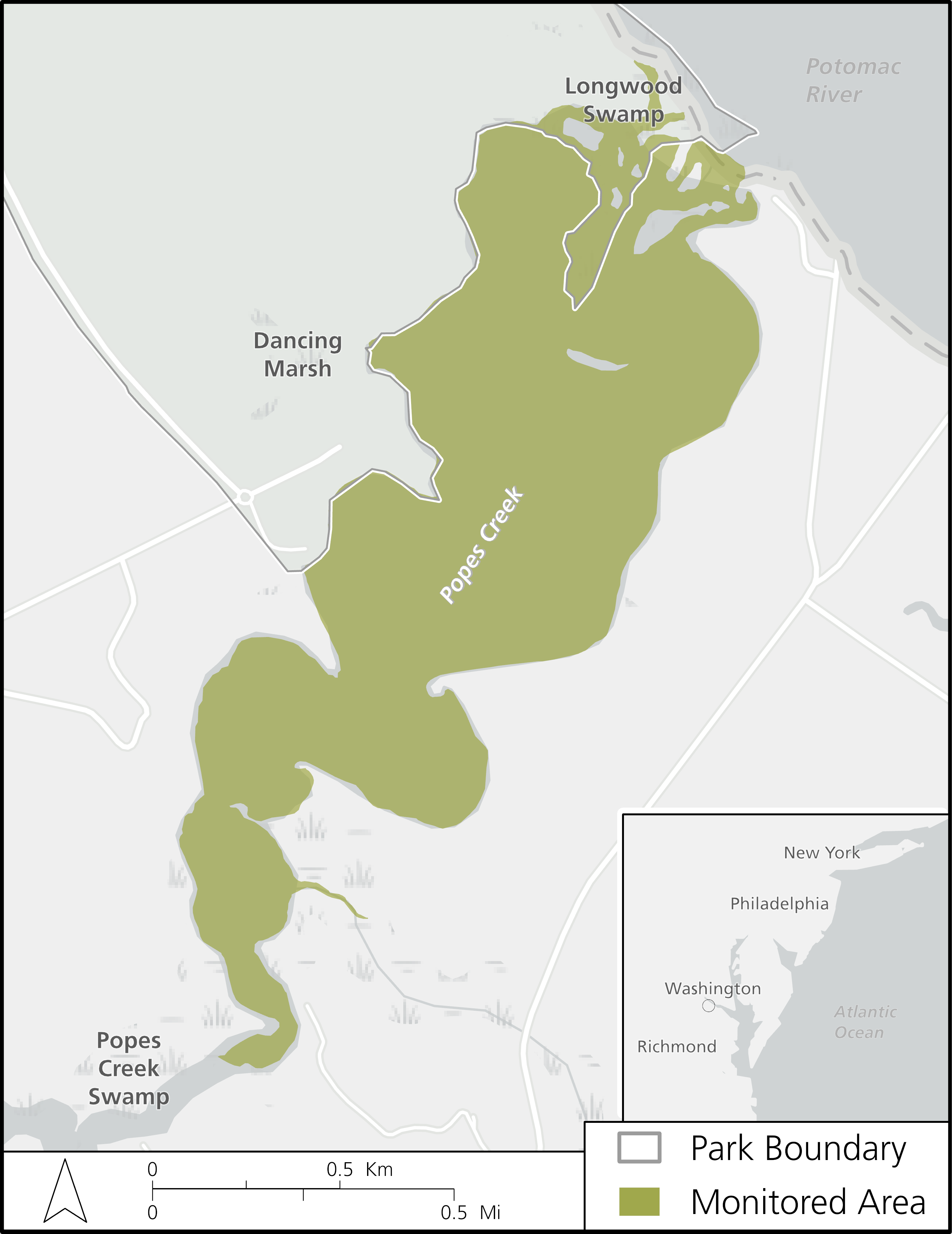 Map of the George Washington Birthplace National Monument estuarine systems which are monitored for nutrient enrichment, and located in Westmoreland County, Virginia.