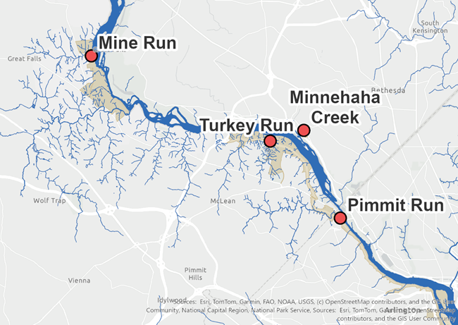 Map showing location of biological stream survey sites and rivers and streams at George Washington Memorial Parkway.
