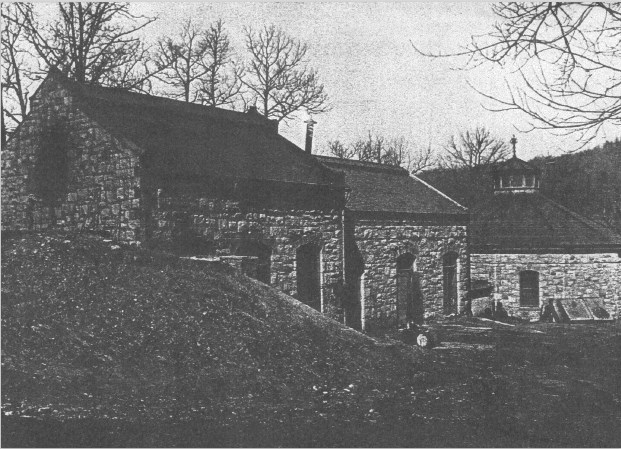 Black and white photograph of the gas plant purification house remnants that are part of Greystone Park Hospital.
